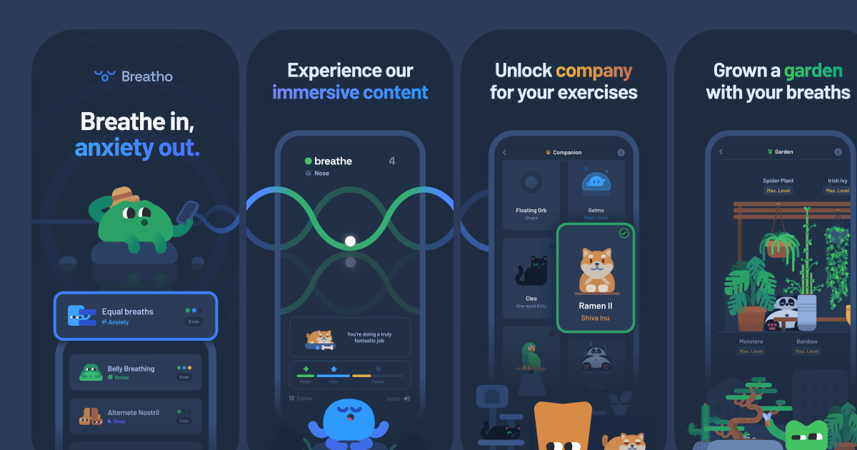 Breatho app: breathing exercises, immersive content, companions and a garden grown with your breaths